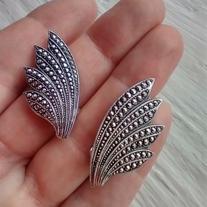Vintage Silver Tone Marcasite Winged Clip Earrings